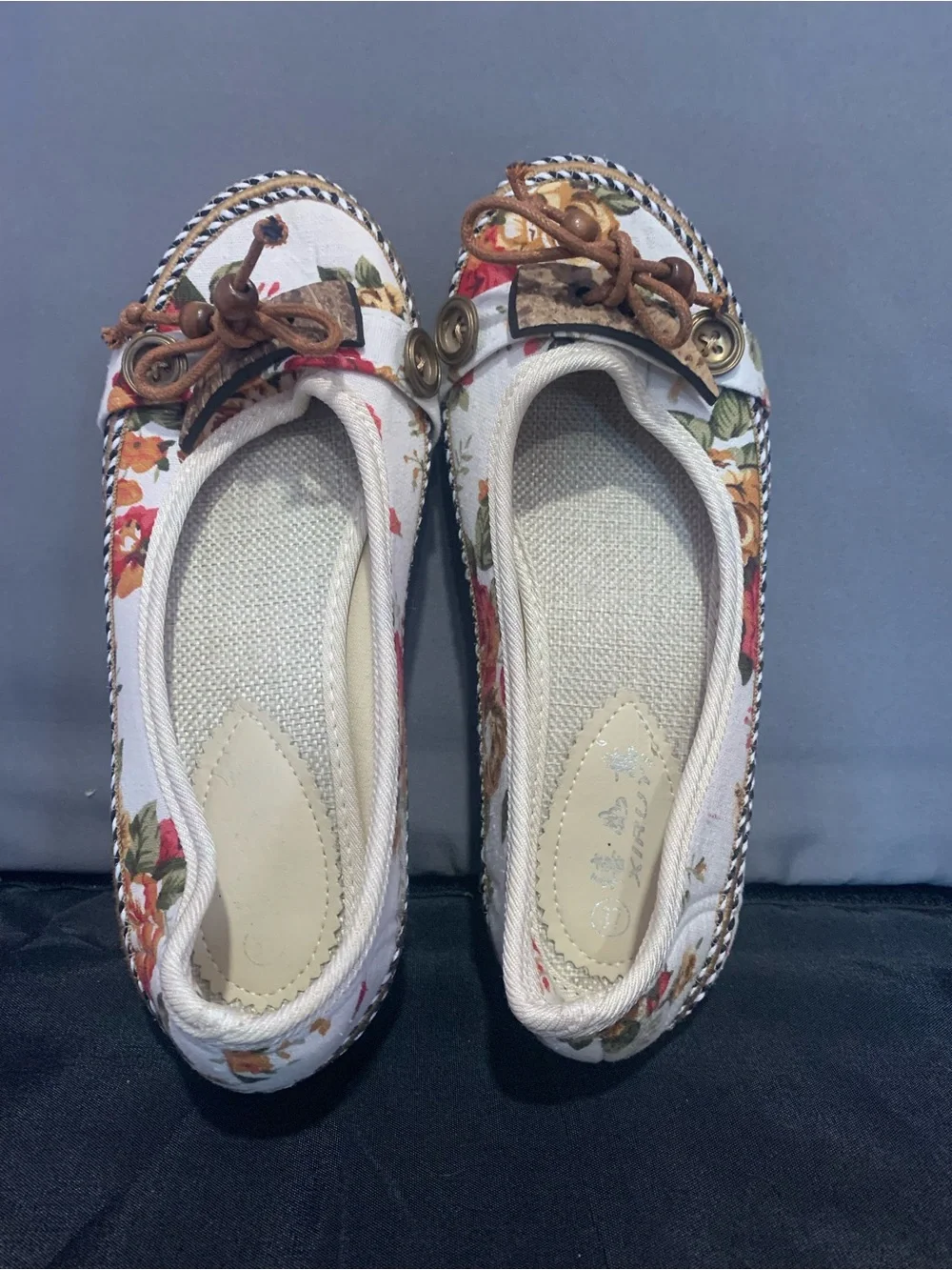 Floral Canvas Slip-On Flats with Brown Bow Detail - White Floral